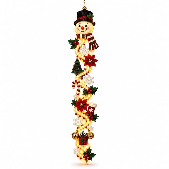 Blasgw Lighted Christmas Snowman Door Hanger, LED Snowman Decoration with Poinsettia, Bells & Gift, Indoor Outdoor Holiday Decor