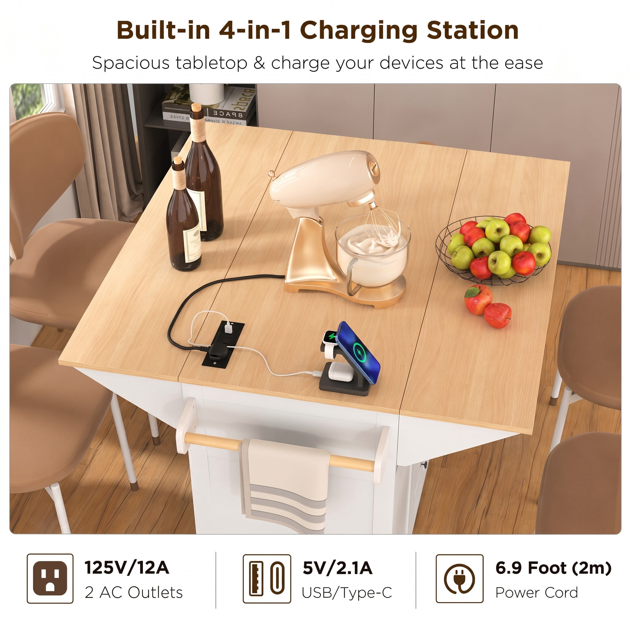 Mintazer 55.7" Vertical Kitchen Island Cart with 2 Drop Leaves & Power Outlet, Rolling Kitchen Dining Table with 3 Drawers & 2 Cabinets Folding Storage Dining Table with Towel Bar & Spice Rack, White