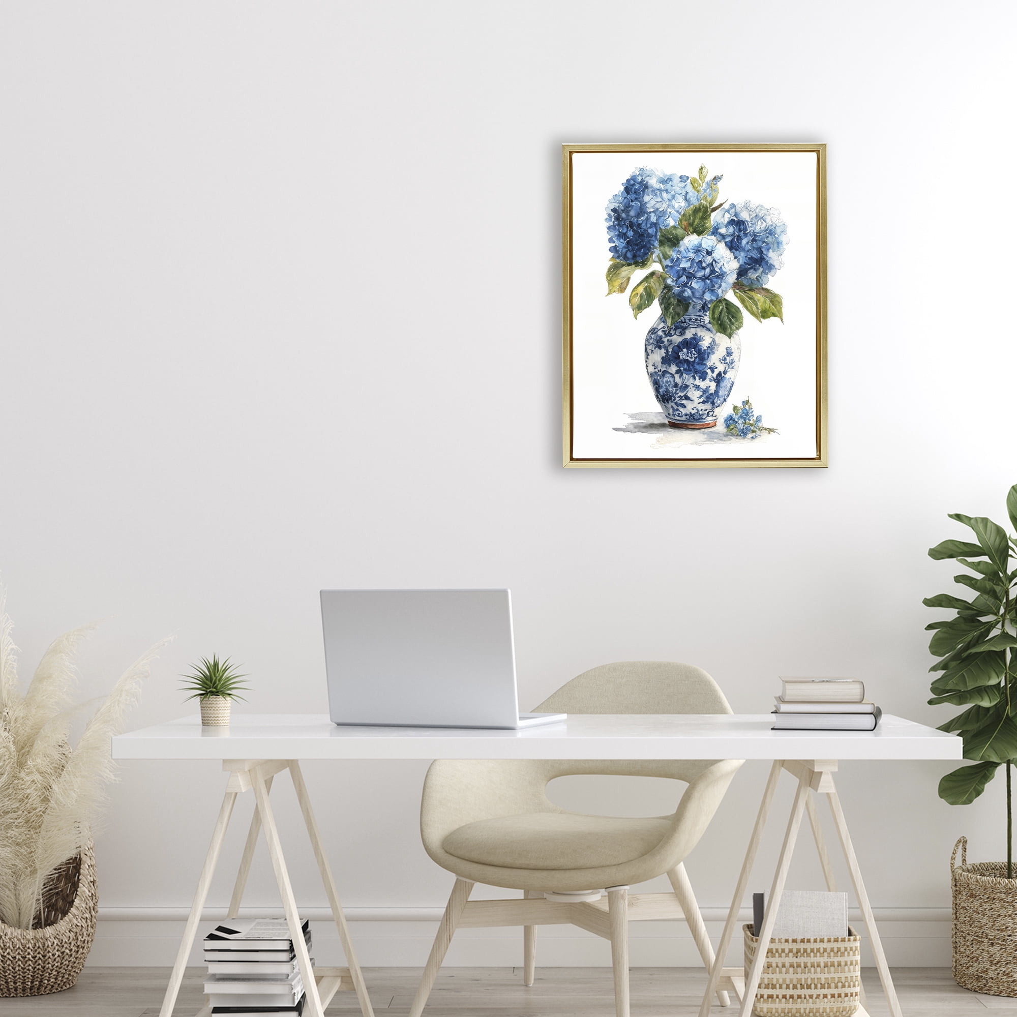Stupell Industries Porcelain Vase with Hydrangea Bouquet Gold Framed Floater Canvas Wall Art, design by Imagine It Images