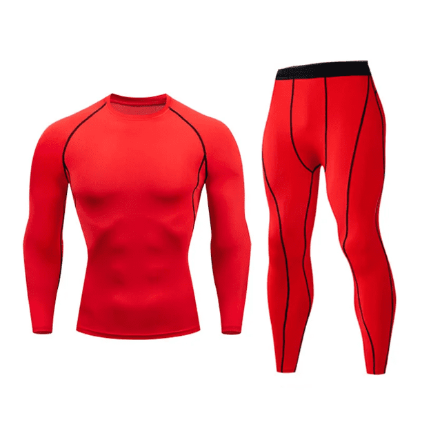Conjunto de mono deportivo de manga larga rojo para hombre, ropa interior de baloncesto para entrenamiento y carrera, ropa de fitness de secado rápido para otoño e invierno