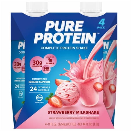 Pure Protein Strawberry Milkshake Complete Protein Shake, Gluten Free, 11 fl oz, 4 Ct