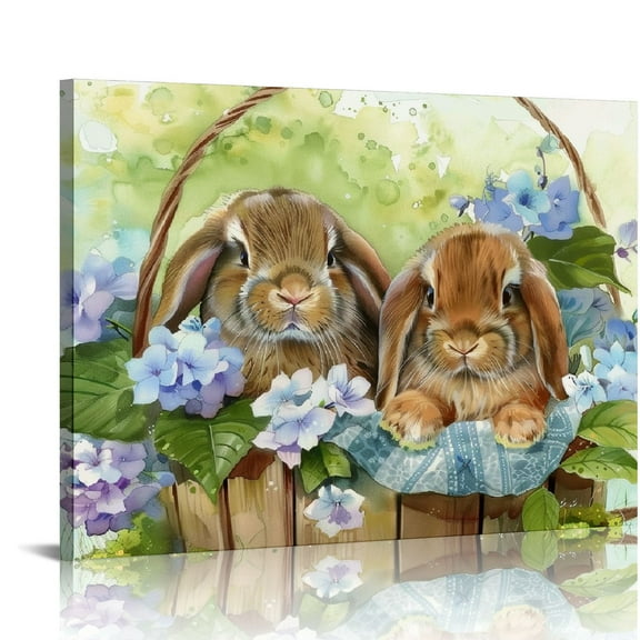 Nawypu  Cute Bunny Wall Art Blue Flowers Canvas Print Picture Farmhouse Wall Decor