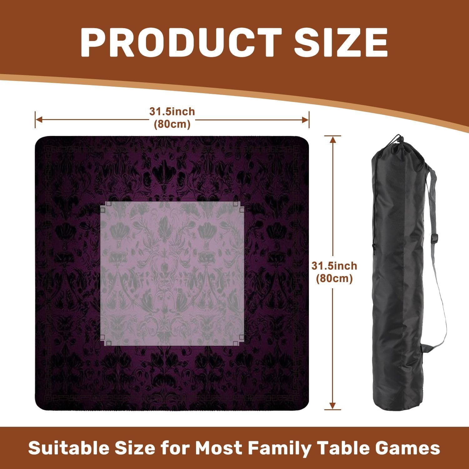 Mahjong Mat 31.5" x 31.5" Royal Vintage Gothic Dark Purple Black Royal Vintage Non-Slip Noise Reduction Mahjong Tiles Table Cover for Dominoes Poker Card Board and Tile Games