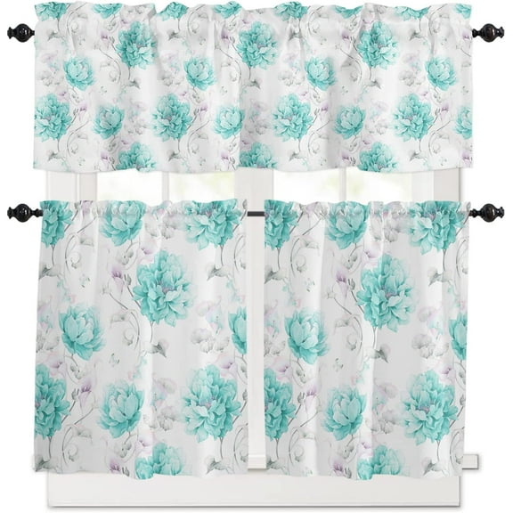 3 Piece Vintage Watercolor Flowers Kitchen Curtains, Tier and Valance Rod Pocket Window Curtains Set Teal White Cafe Curtains for Kitchen Valances Window Treatment 54X18in 27x24in×2
