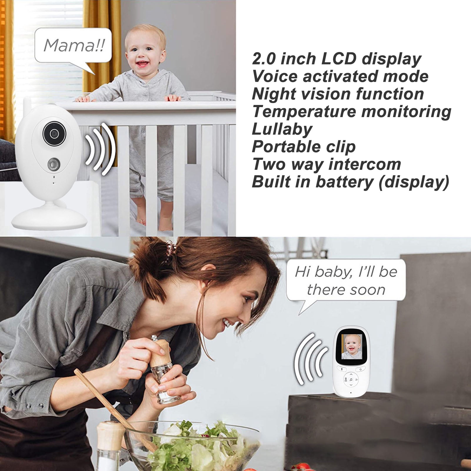 YAHHU 2.0-Inch HD Video Baby Monitor System with Night Vision, Two-Way Audio Talk, Room Temperature Sensor, Built-In Lullabies, and Extended Battery Life, White, US Plug Edition