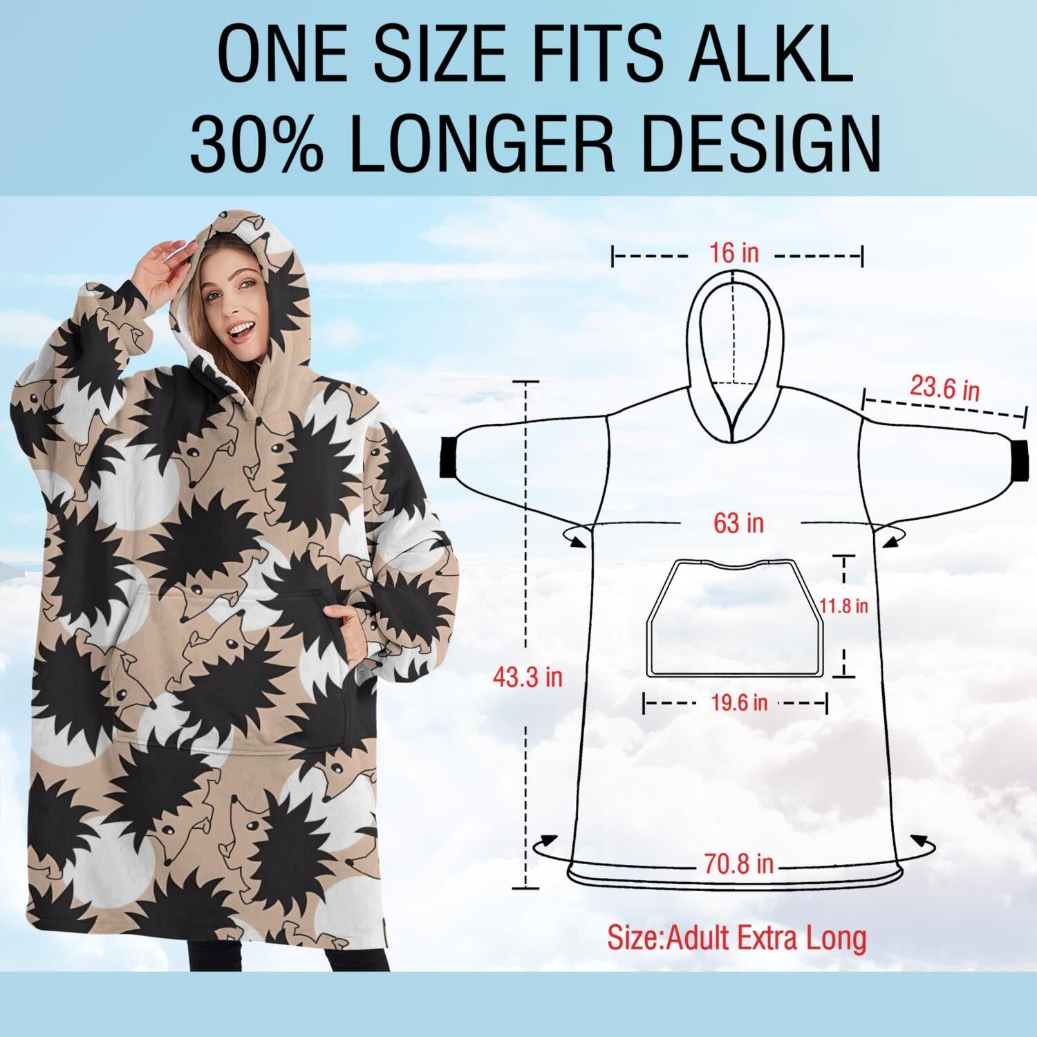 Oversized Wearable Blanket Hoodie,Black Cute Hedgehog Pattern Sherpa Blanket Hoodie with Super Pockets,Super Warm Fuzzy Pullover for Women & Men