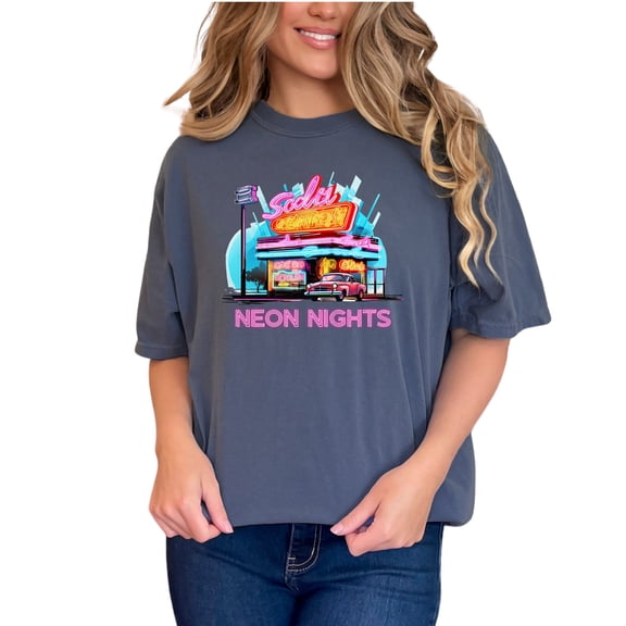 Neon Nights Graphic T-Shirt, Retro Neon Sign Art Tee, Vintage Car and Diner Tshirt, 80s Aesthetic Shirt, Vibrant Color Print Top, Denim Comfort Colors T-Shirt, Small