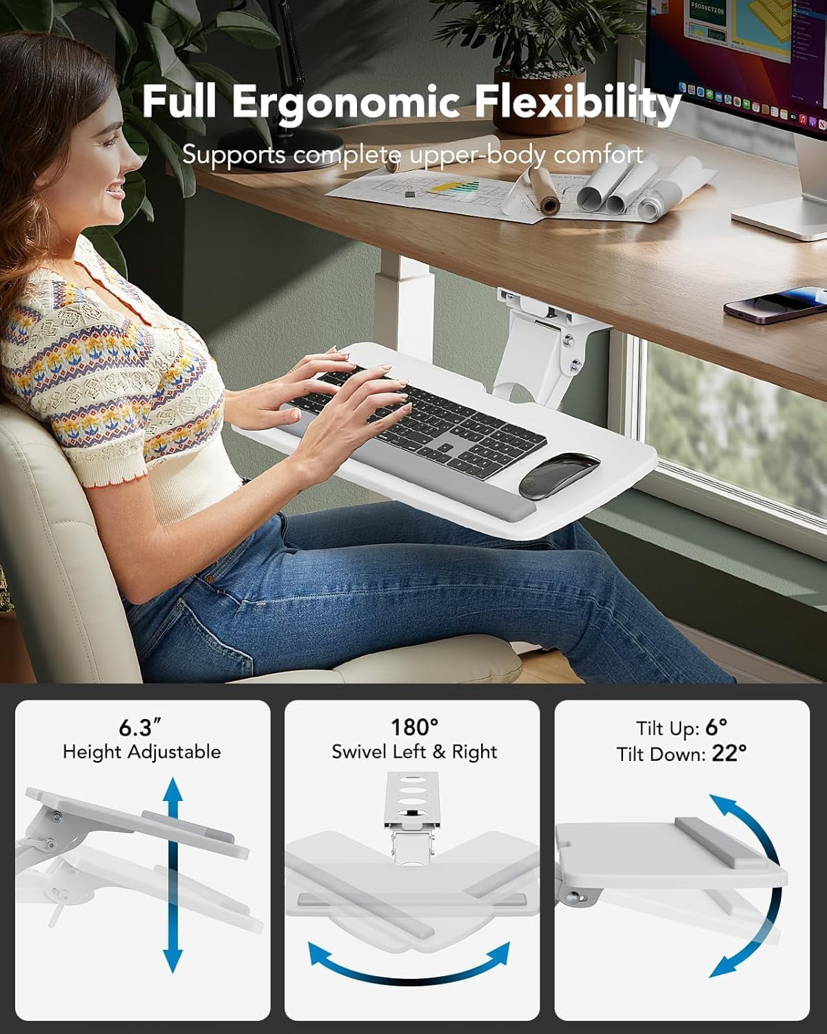 Keyboard Tray Under Desk, 360 Adjustable Ergonomic Sliding Keyboard & Mouse Tray, Under Desk Keyboard Tray Slide Out, Keyboard Holder Under Desk for Typing in Home, Office Work, 25"W x 9.84"D