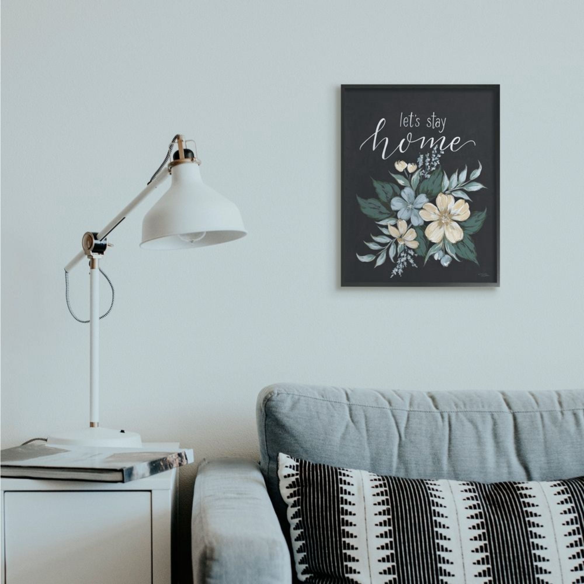 Stupell Industries Let's Stay Home Quote Chalk Style Florals Graphic Art Black Framed Art Print Wall Art, 16x20, by Michele Norman