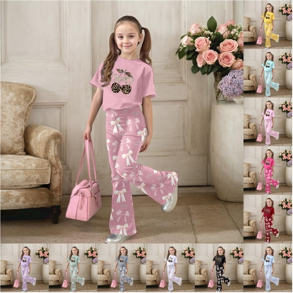 Trendfront Girls Bowknot Print Outfit Set Crew Neck Short Sleeve Shirt Summer 2 Piece Casual Fashion Playwear Set for Girls Trendy Clothing Style Clothes Set