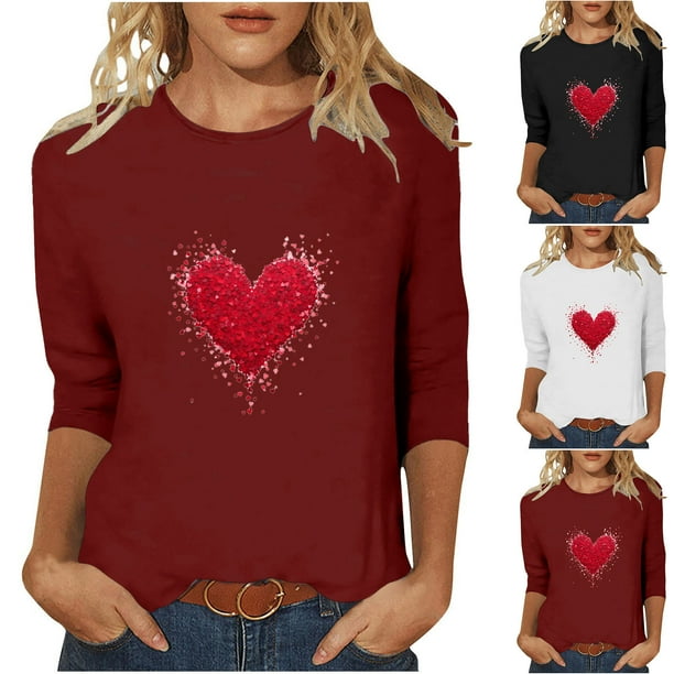 RKSTN Valentine's Day 3/4 Sleeve Tops for Women Oversized Crewneck Valentines Graphic Print Short Sleeve T Shirt Womens Casual Solid Round Neck Loose Comfy Three Quarter Sleeve Shirt Spring Clothes
