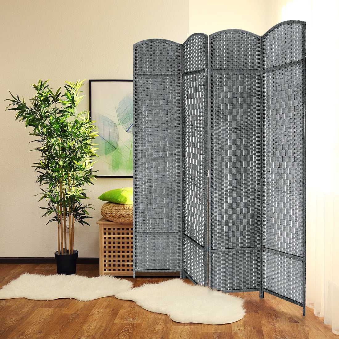 Jostyle Room Divider with HandWoven Design, 4Panel Folding Privacy