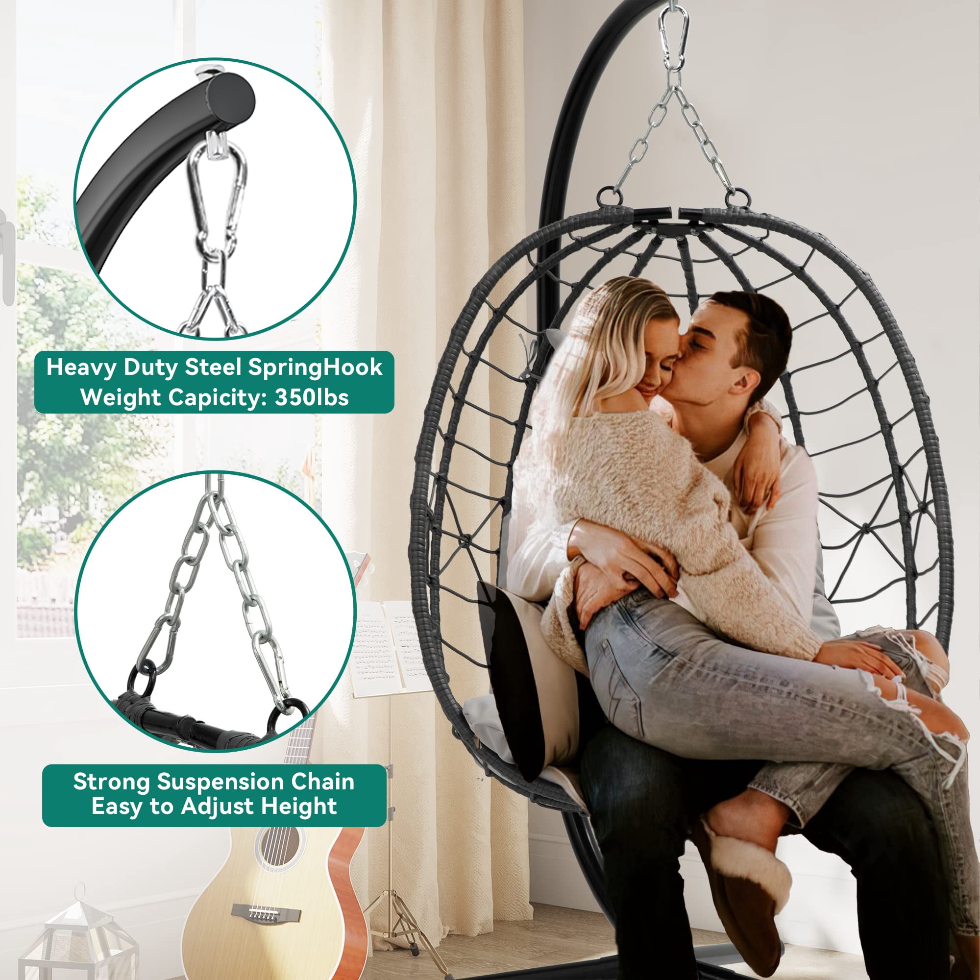 Uforic Wicker Egg Swing Chair with Stand & Cushion, 330lbs Capacity, Beige
