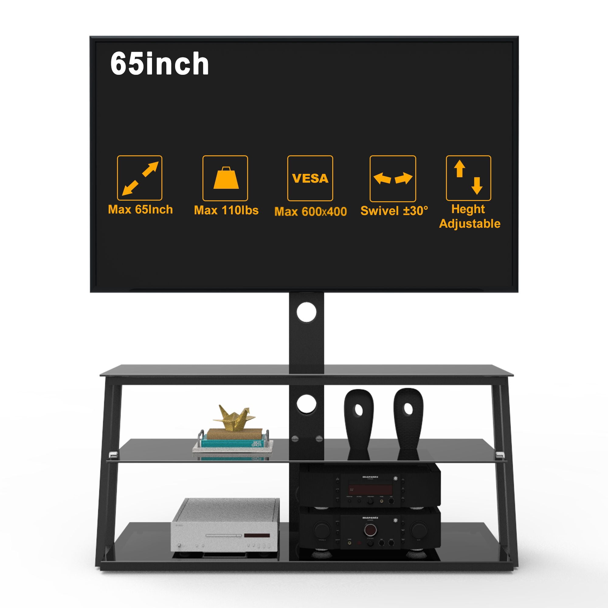 Aukfa Tall TV Stand for TVs up to 65 inch TV - Swivel Floor TV Stand Black - Black