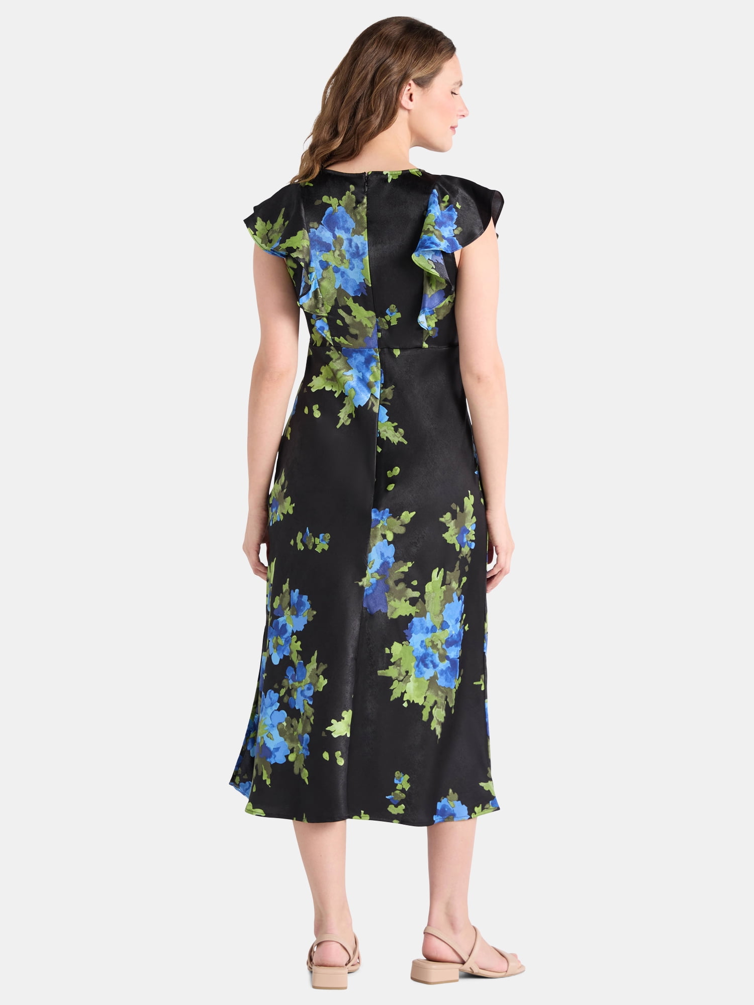 Time and Tru Women's and Women’s Plus Silky Satin Midi Dress with Flutter Sleeves, Sizes XS-4X