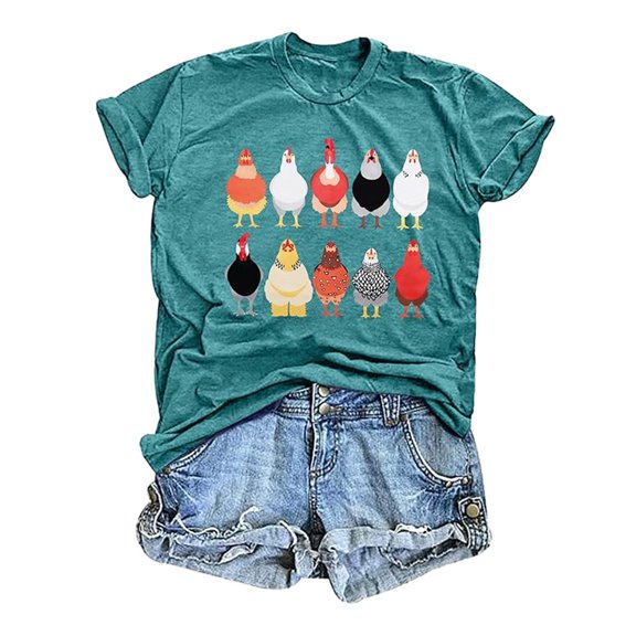 KDFJPTH T Shirts for Women Trendy Summer Round Neck Chicken Printed Cotton Short Sleeved Tshirts Tops