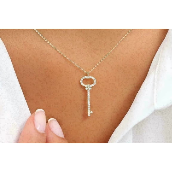 1.20Ct Round Cut Lab Created Diamond Key Shape Women's Pendant 14K Yellow Gold Plated Free Chain 18"