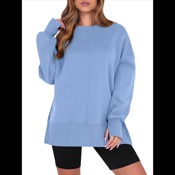 Sudaderas Oversize para Mujer, Cuello Redondo, Larga, Informales, Holgadas, con Aberturas, para Otoño Azul L