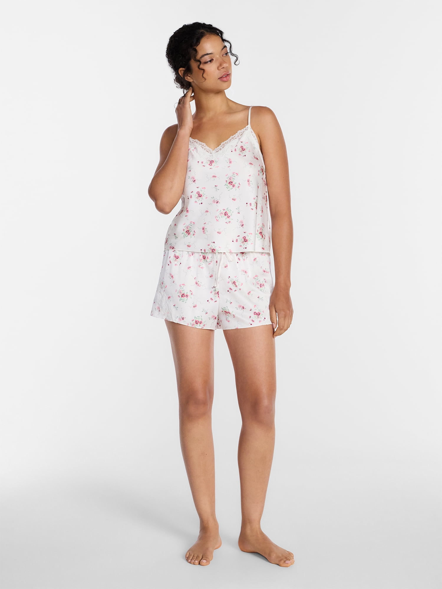 Joyspun Women's Lace Trim Stretch Satin Cami and Shorts Set, 2-Piece, Sizes XS-3X