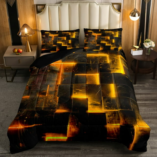 Black Orange Abstract Comforter Twin Gradient Square Twin Bedding Set, Geometry Grid Down Comforter Neon Checkered Bed Set Glowing Plaid Quilted Duvet 3D Modern Bedroom Decor 2pcs (Black Reversible)