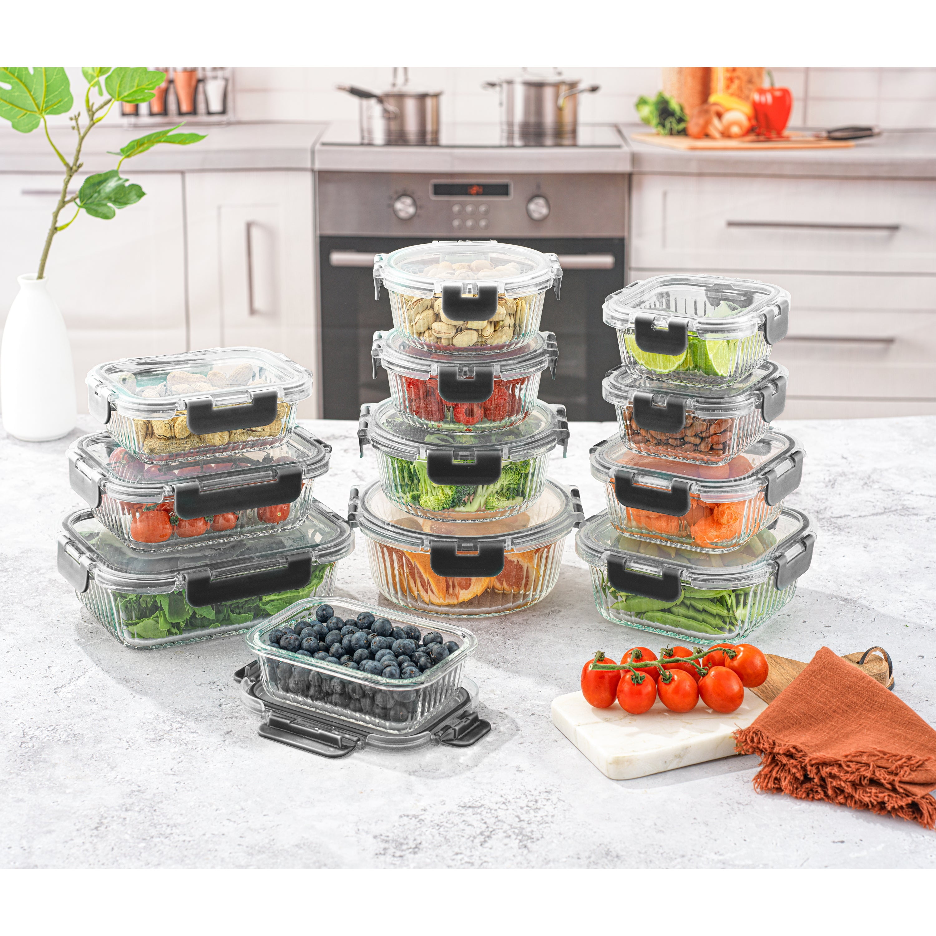 JoyJolt 24-Piece Fluted Food Storage Container Set with Lids - Black