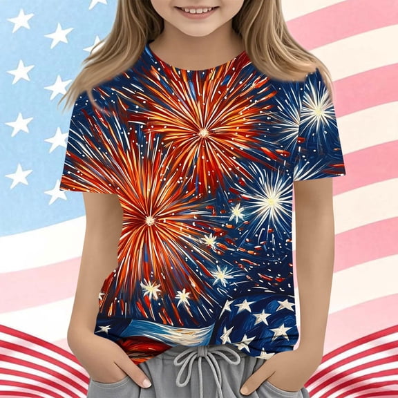 WPPGONE American Flag T Shirt for Girls Toddler Crewneck Short Sleeve Loose Fit USA Tops Red White and Blue Stars Stripes Patriotic Graphic Tee 4th of July Summer Casual Clothes