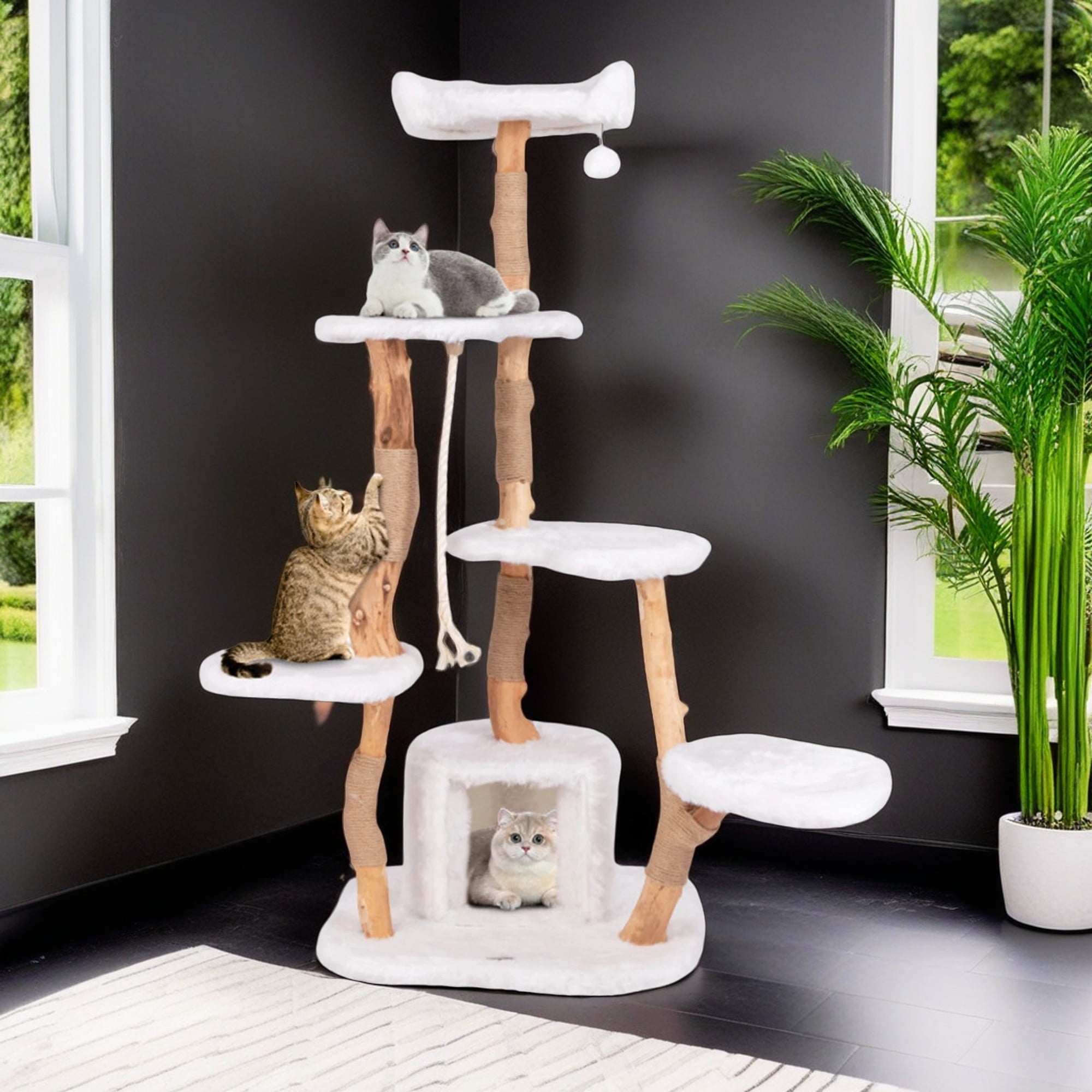 resenkos 66" Solid Wood Cat Tree Tower for Indoor, Modern Cat Condo with Scratching Post, Cat Climbing Tree House Furniture, White