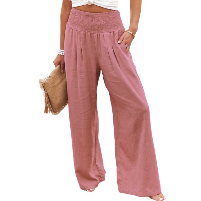 SAYOO Pantalones de algodón femeninos elásticos pantalones de pierna ancha de cintura alta pantalones casuales con bolsillos SAYOO moda