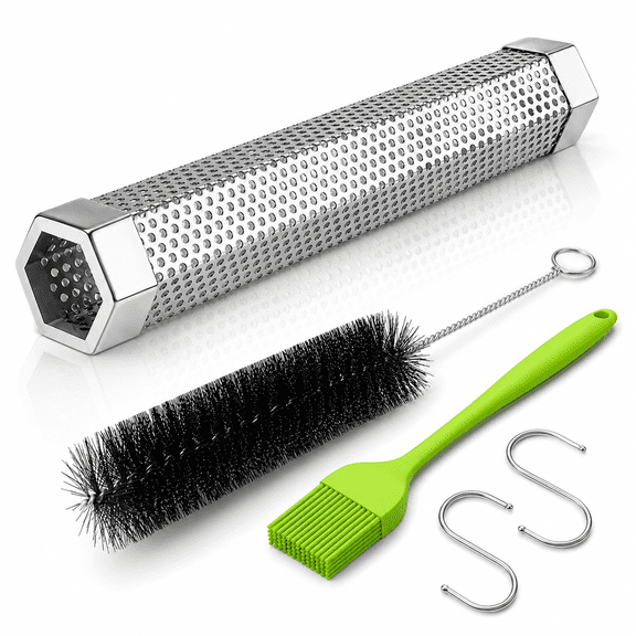 Premium Pellet Smoker Tube 12",5 Hours of Billowing Smoke,Hot or Cold Smoking,for Any Grill /Smoker,Stainless Steel Portable Barbecue Smoking Tube,2 S-Shaped Hooks,Cleaning Brush,Silicone Brush
