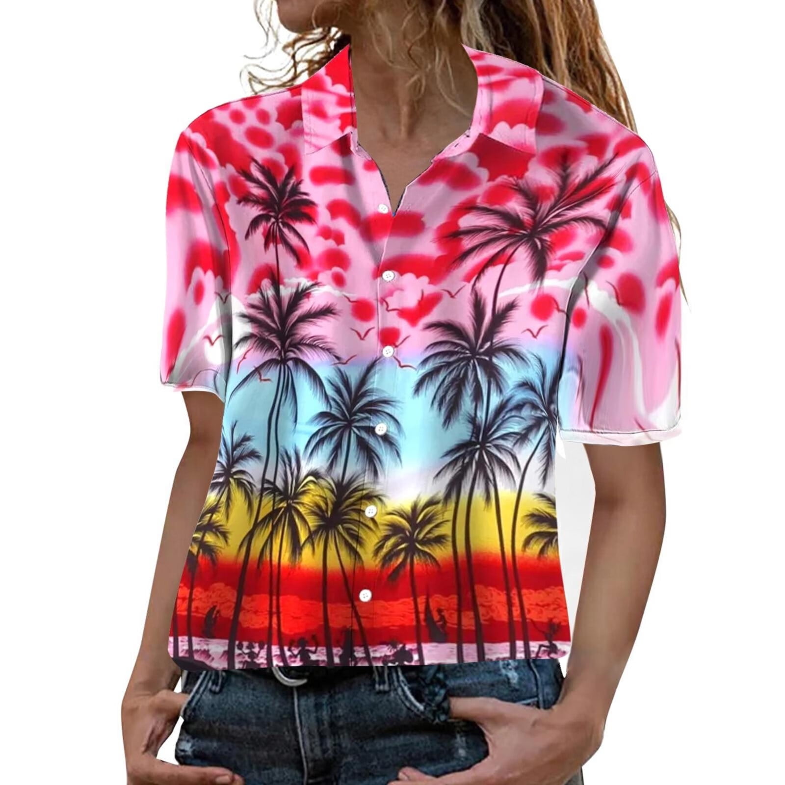Sehao Women's Fashionable Hawaiian Shirt Beach Shirt Casual Top Flower
