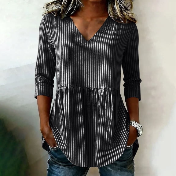 ClodeEU Women's Striped V Neck 3/4 Sleeve Tunic T-Shirt,Solid Color Casual Summer Top Black,Women's Plus L