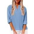 thumbnail image 4 of Long Sleeve Shirts for Women Irregular Hem Tops Cotton V-Neck Blouse Tunic Solid Color Casual Loose Fit Tee (Blue L), 4 of 6