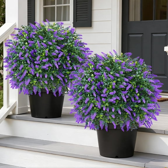 Artificial Boxwood Topiary Ball with Lavender, 2 Pack Artificial Shrub Bushes with Ground Spike, UV Resistant Fake Evergreen Plant Tree for Porch Indoor Outdoor Planters Garden