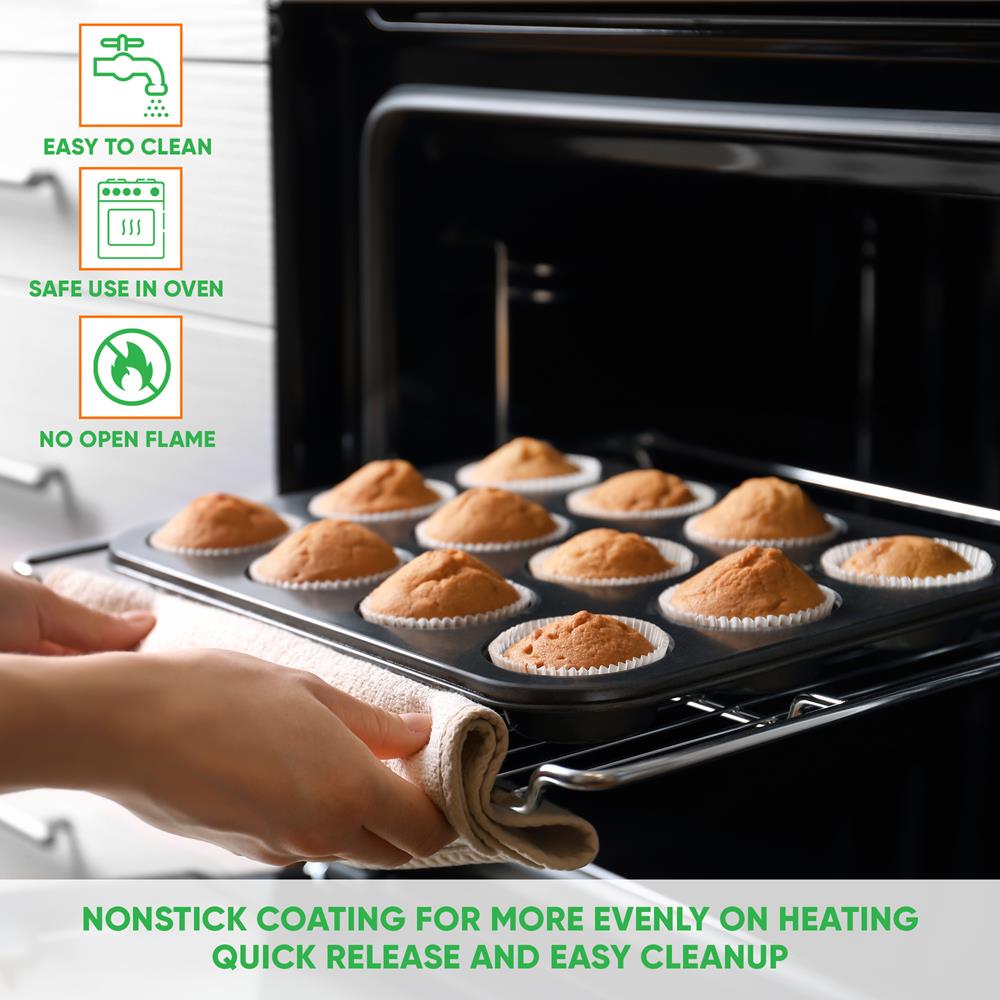 NutriChef 13” 12 Cup Muffin Non-Stick Baking Pan, Deluxe Gray Carbon Steel Bake Pan