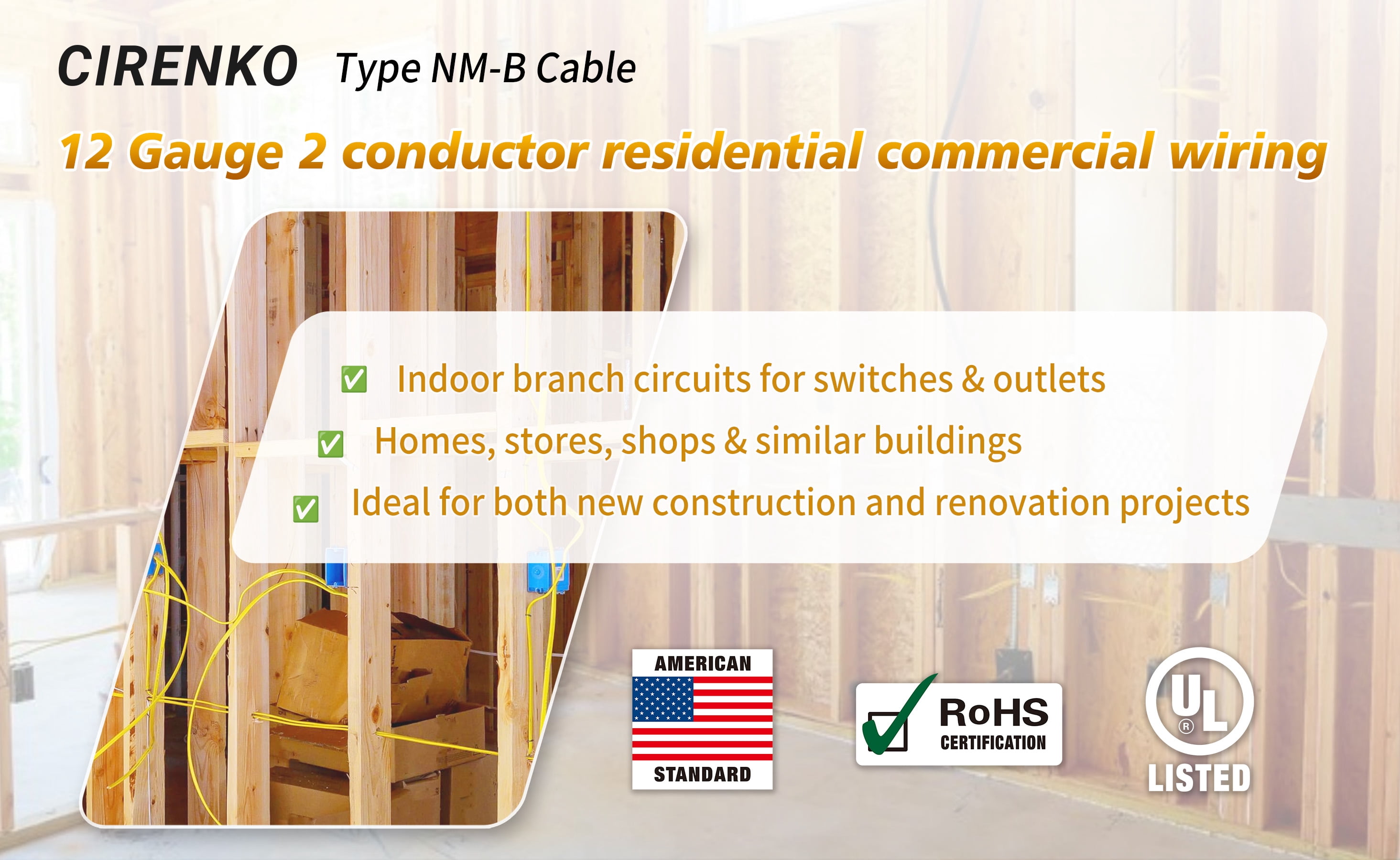 12/2 NM-B Cable 100 FT – UL Listed Residential Indoor Electrical Wire with Ground, Solid Bare Copper, 600V (Yellow Jacket)