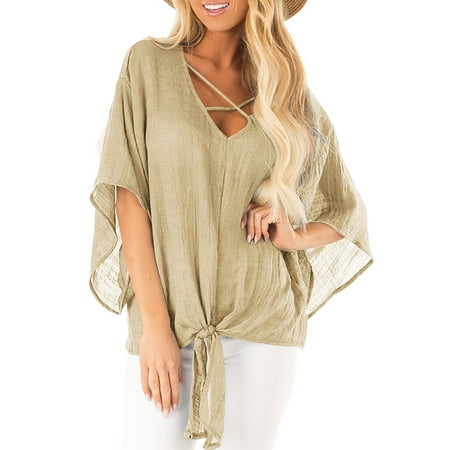 Cotton Lace Shirt Blouse UKAP Women's 3/4 Sleeve Cotton Linen V Neck Lace Up Blouses Batwing Tie Knot Top Cotton Loose Cover-up Beach Shirts ()
