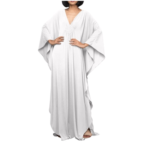 Kilaqueen Beach Cover Ups for Women V Neck Batwing Sleeve Loose Fit Tunic Dress Solid Color Oversized Maxi Cover Up