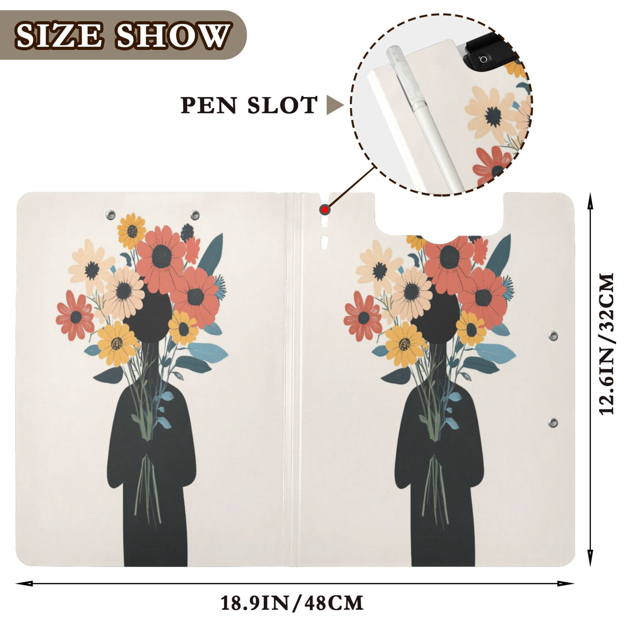FORMRS A4 Clipboard Folder with Pen Holder Horizontal Foldable School Office Binder, Black Flowers