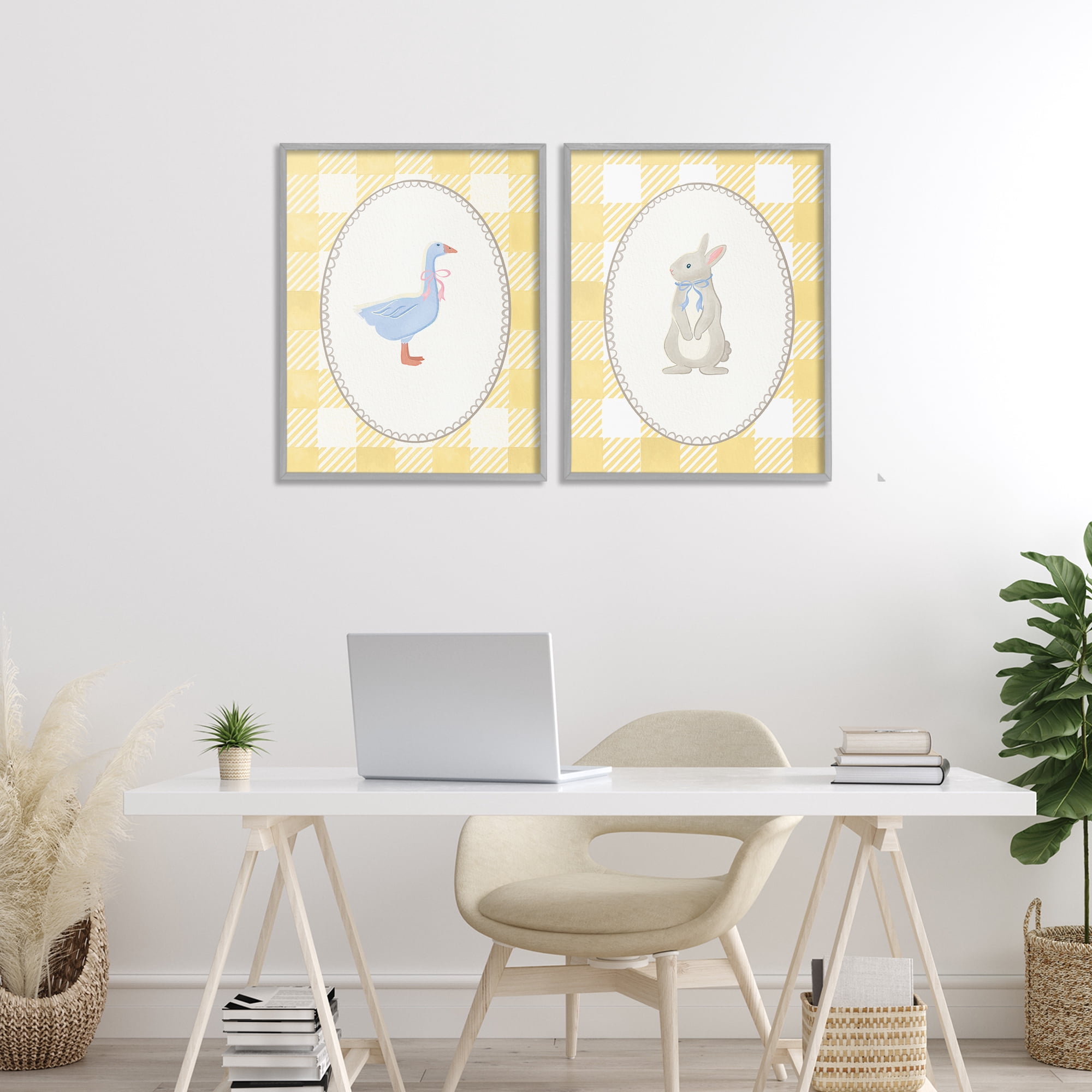 Stupell Industries Goose & Bunny Yellow Gingham 2 Piece Gray Framed Giclee Art Set, design by The Paper Curator