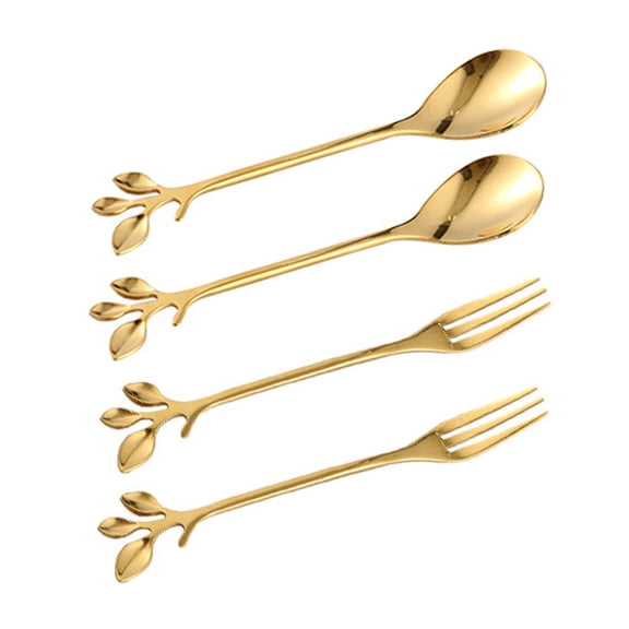 4-Piece gold Mini Leaf Dessert Forks and spoon Set - 12cm Elegant Stainless Steel Fruit, Appetizer, Cake & Salad Forks - Perfect for Cocktail Parties