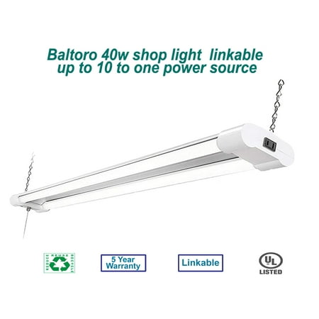 

Baltoro 40w LED 4800 Lumen Double Tubes Utility Shop Light 5000K Daylight UL 100w Equivalent Pull on/Off Switch. Garage Warehouse Workshop Linkable to 10 (1 Pack)