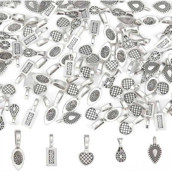 100 Pcs Glue on Bails 5 Styles Mixed Tibetan Style Charms Alloy Assorted Flat Pad Bails Tag Charms for Earring Necklace Jewelry Findings Crafting for DIY
