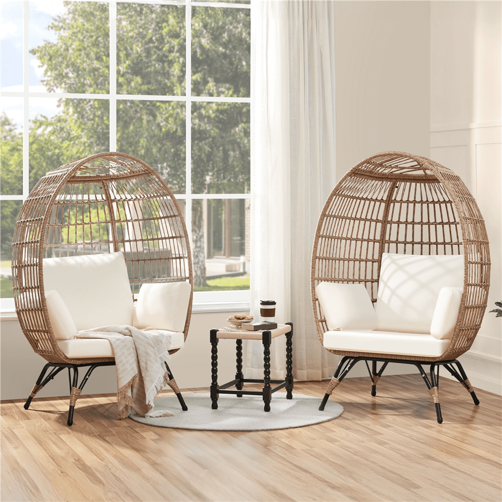 Alden Design PE Rattan Egg-shaped Basket Lounge Chair with 4 Cushions for Patio, Light Brown/ Ivory