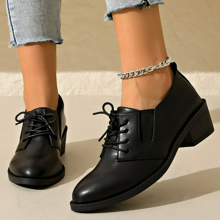 womens black lace up dress shoes Women Pointed Toe Lace-Up Oxford Flats Vintage Retro Matte Leather Dress  Shoes, Spring Autumn Large Size Black English Style Office Pumps