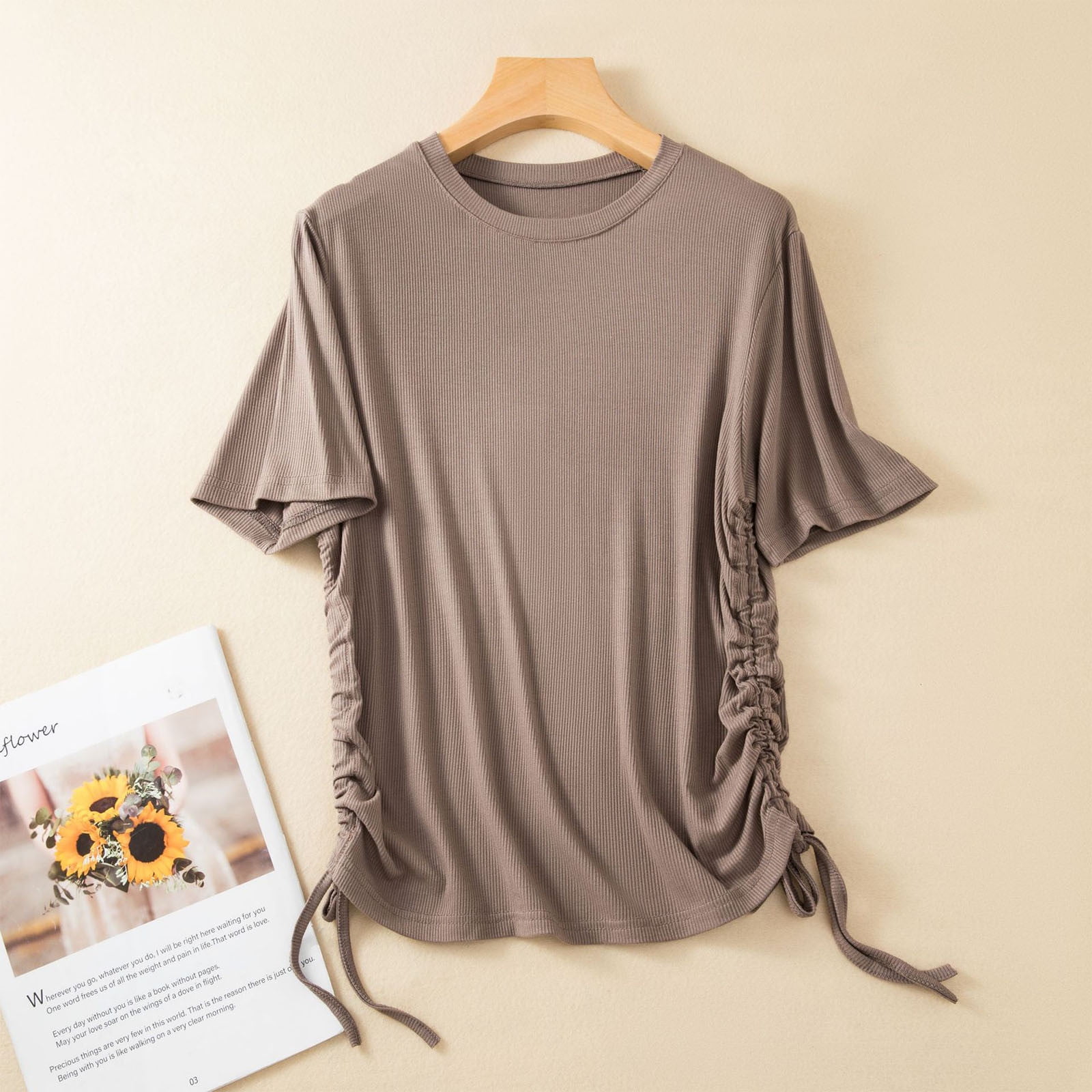 AherBiu T-Shirts pour Femmes à Col Rond avec Cordon, T-Shirts d'Été à Manches Courtes, T-Shirts Décontractés de Couleur Unie