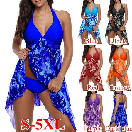 Womens White Tankini Women's Floral Print Bikini Two Piece Halter Asymmetric Hem Swimdress Tankini Set Padded Beachwear Swimsuit Push Up Bikini ()