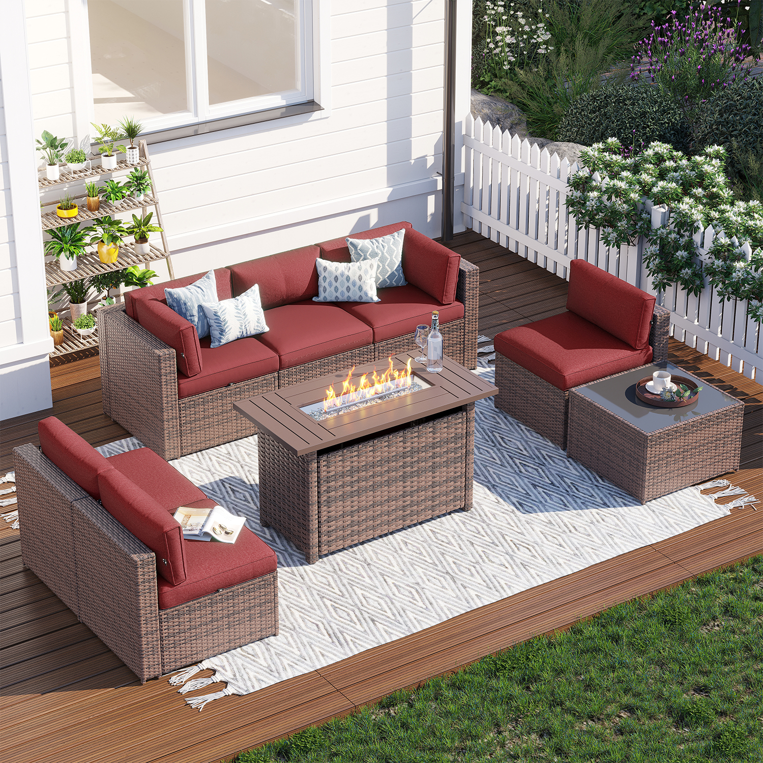 Clouddwell 8 Piece Patio Furniture Set with 44” Fire Pit Table Wicker Rattan Patio Conversation Set Outdoor Sectional Sofa Set with Coffee Table and Blue Cushions(Waterproof Cover Included)