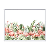Designart 'Palm Leaves and Pink Flamingos Tropical Birds' Traditional Framed Canvas Wall Art Print