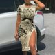 thumbnail image 1 of Puntoco Vestido De Mujer Con Cuello Redondo Y Manga Corta Estampado Smock Slim Fit Con Abertura Vestido De Manga Corta Con Cuello Redondo Caqui Xxl,Regalos Para Mujer Joven, 1 of 4