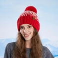 thumbnail image 2 of XIAOCHA Women’S Pom‑Pom Beanie，Knit‑Rib Fall‑Winter Outdoor Toque,Wine, 2 of 4